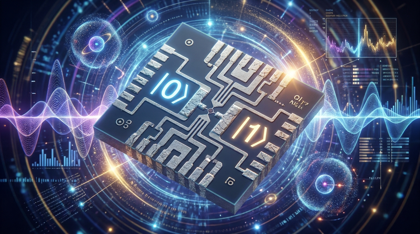 Illustration of a superconducting qubit chip design with a futuristic background