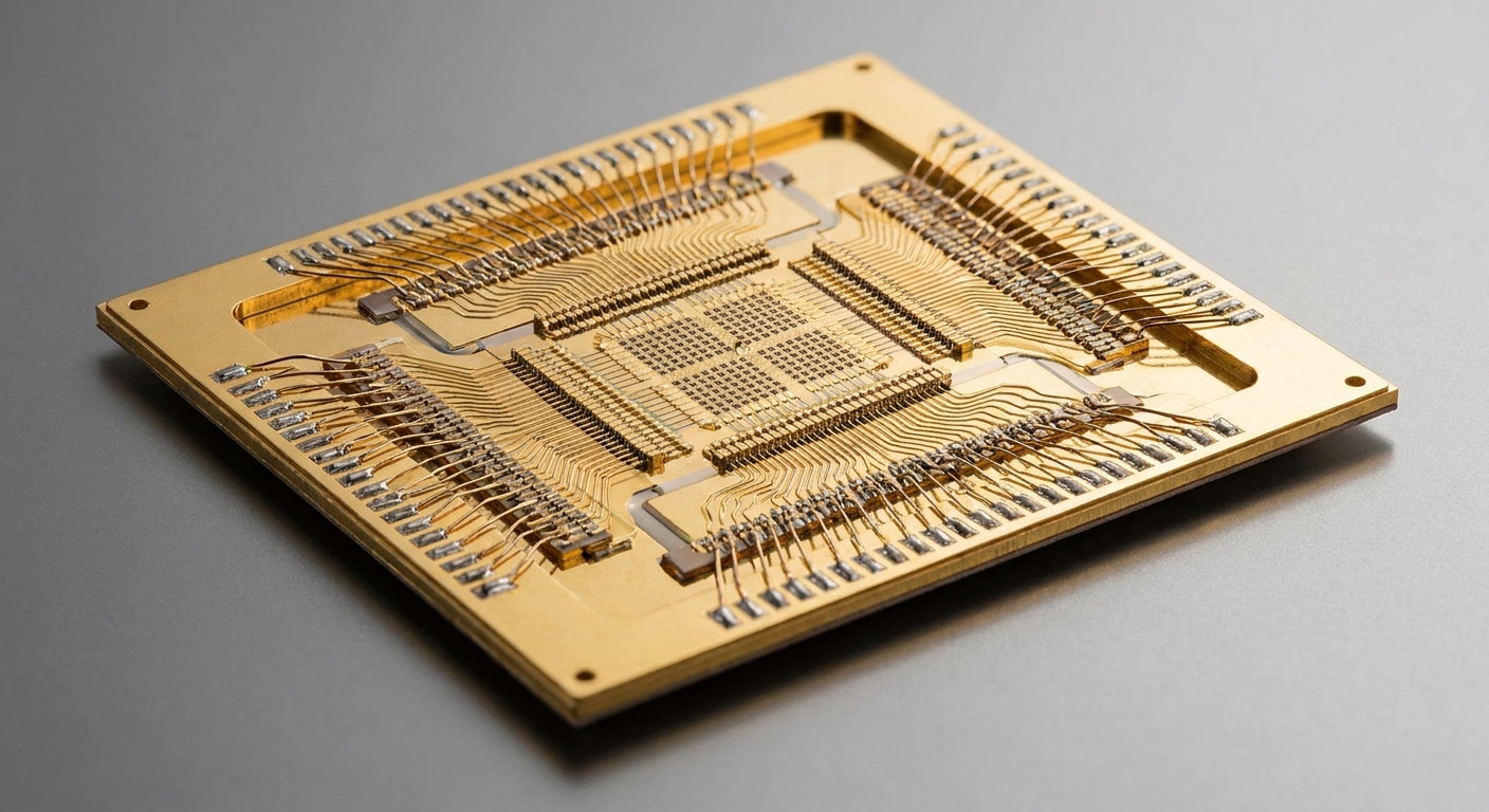 Close-up shot of a superconducting quantum chip with detailed wiring