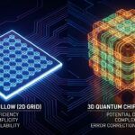 Comparison image of 2D grid and 3D layouts of quantum processors