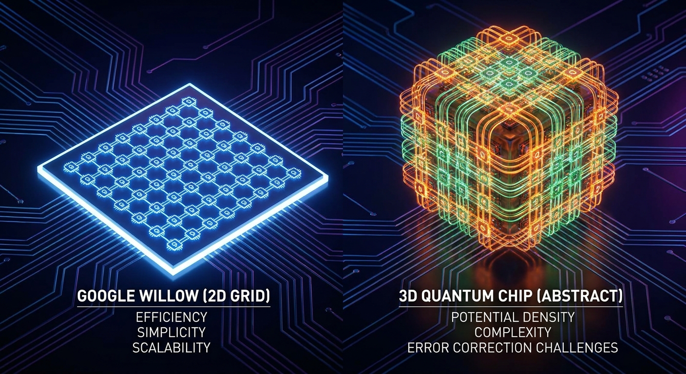 Comparison image of 2D grid and 3D layouts of quantum processors