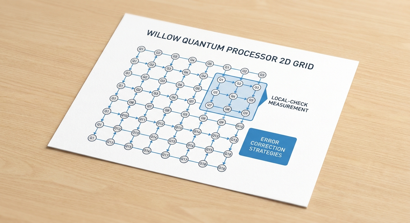 Diagram showing the two-dimensional grid layout of the Willow quantum processor.