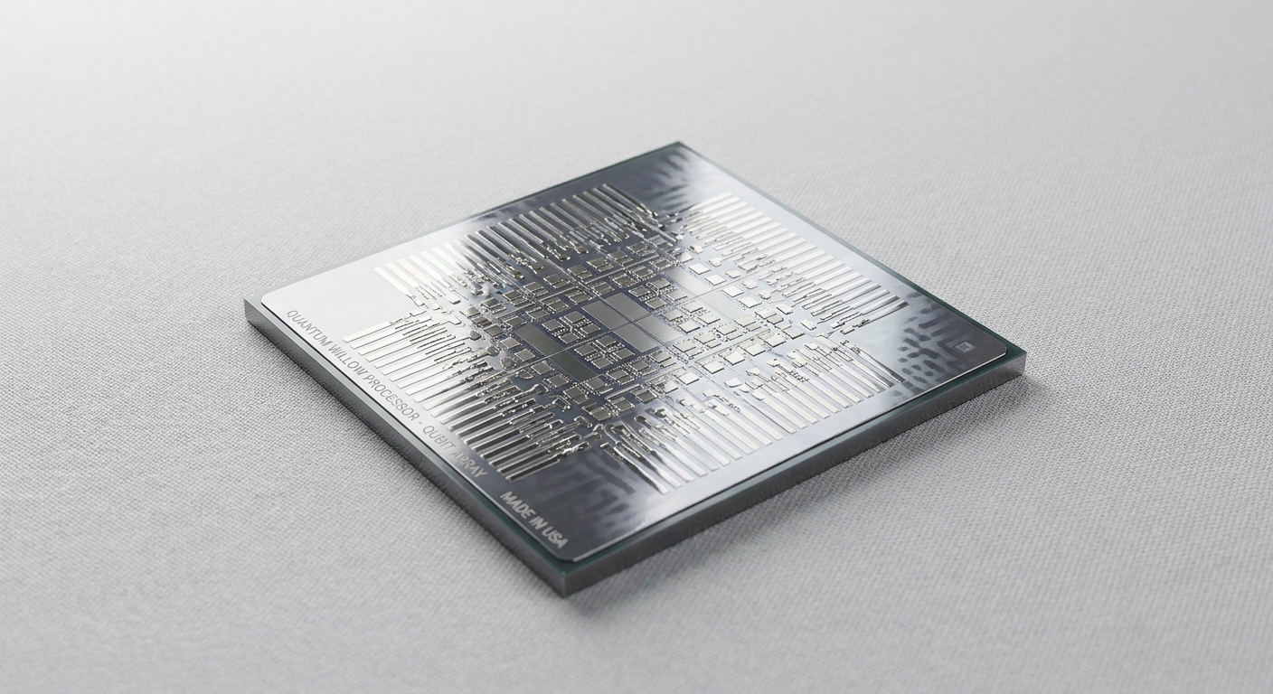 High-quality photography of a quantum chip resembling Google's Willow processor.