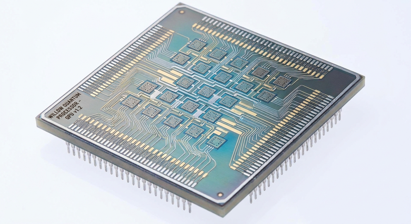 High-quality product shot of the Willow quantum computing chip