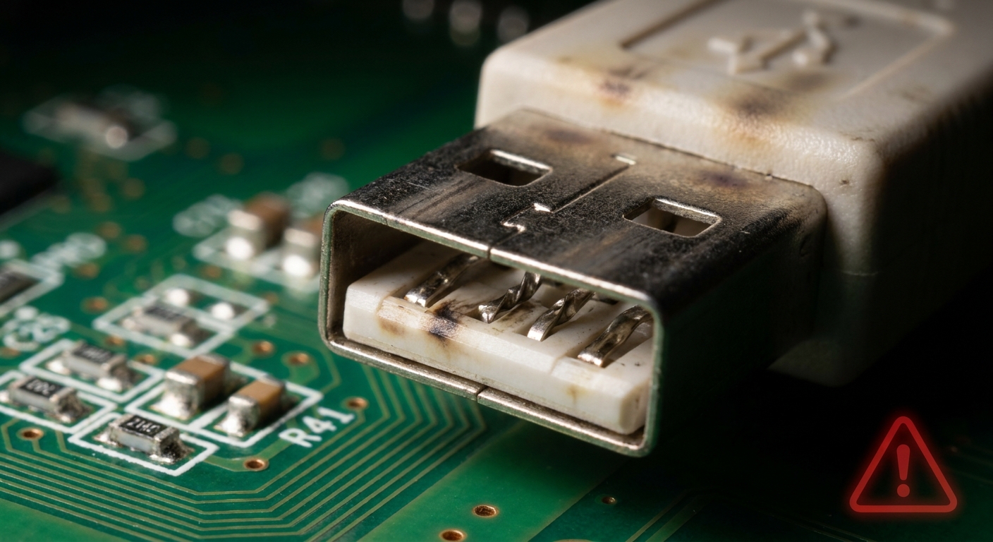 Close-up of a bent USB connector with burn marks