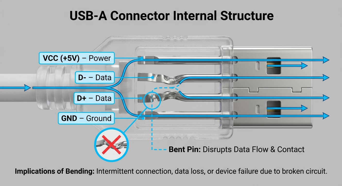 Diagram of USB connector pins and their functions