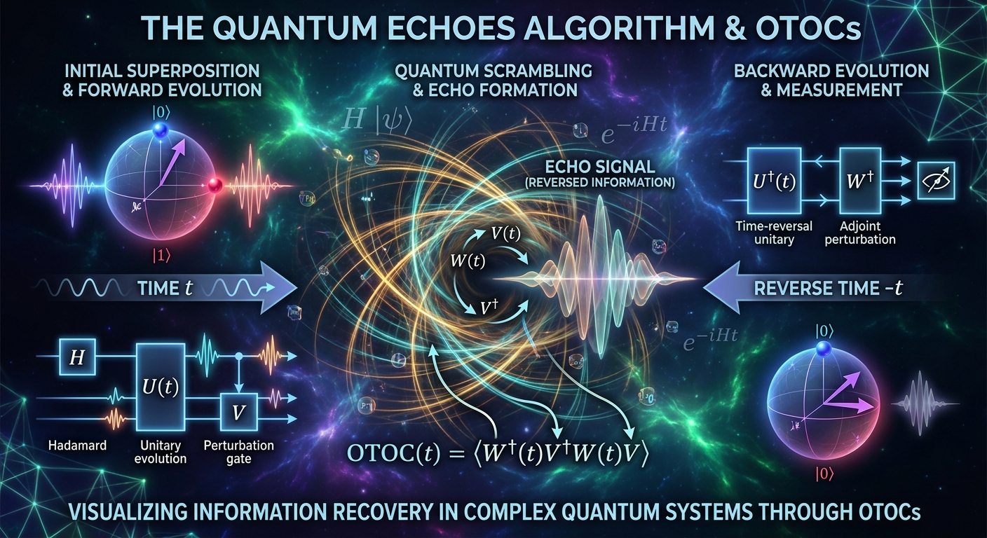 Infographic illustrating the Quantum Echoes algorithm and OTOCs