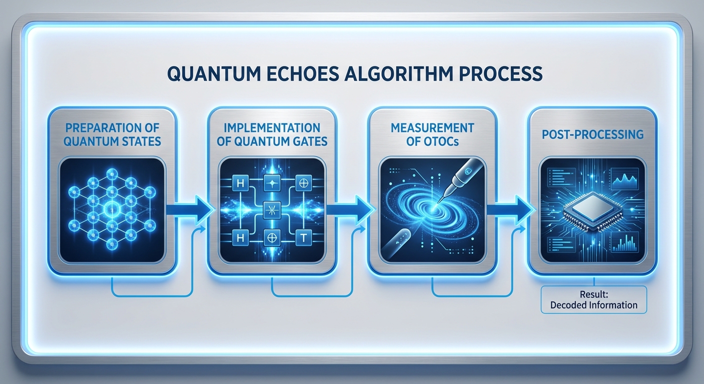 Diagram of Quantum Echoes algorithm illustrating key steps in quantum computing