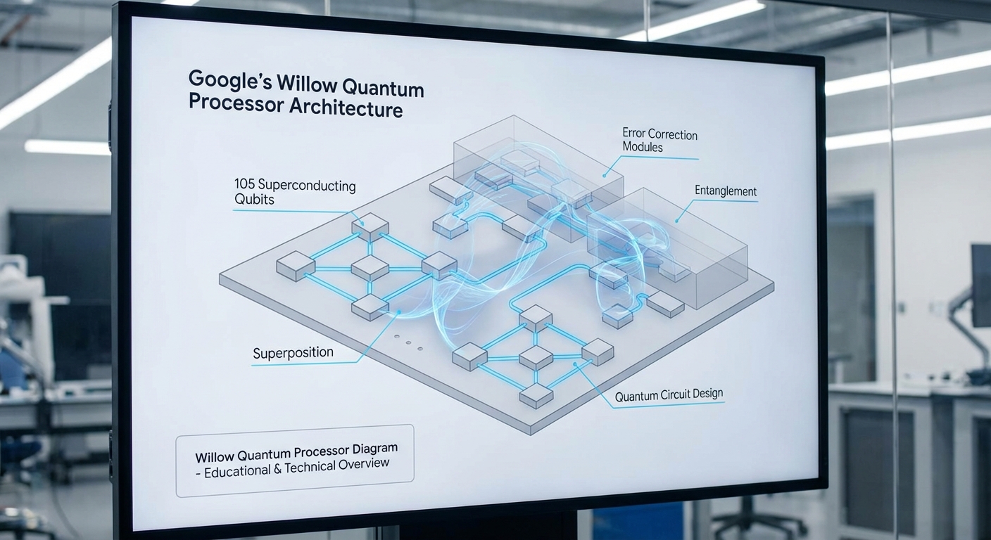 Diagram of Google's Willow quantum processor architecture showing qubits and error correction modules.