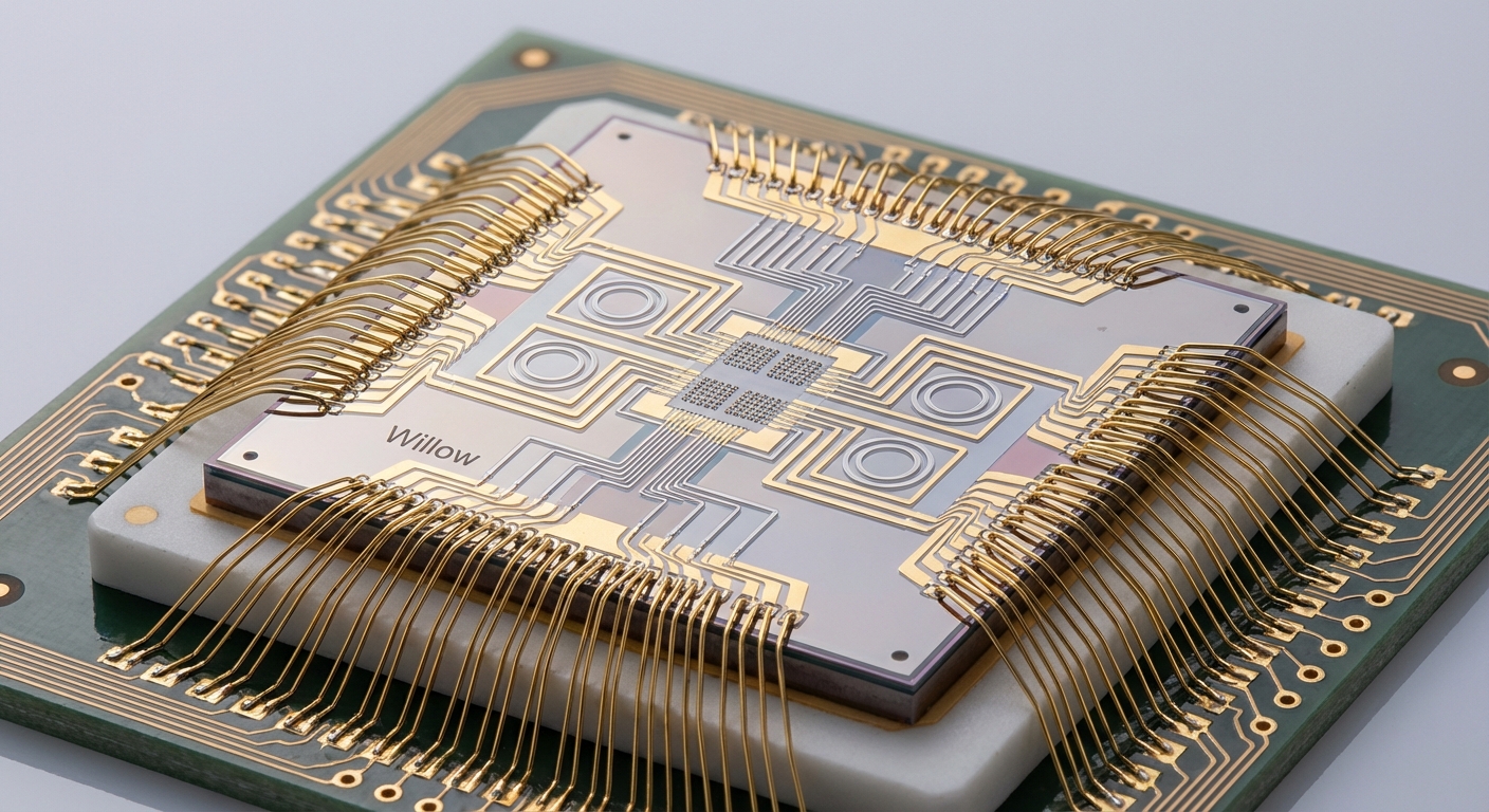 Macro shot of a quantum computing chip displaying qubit layouts and intricate details.