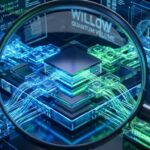 Futuristic quantum computer chip with qubits and data flow