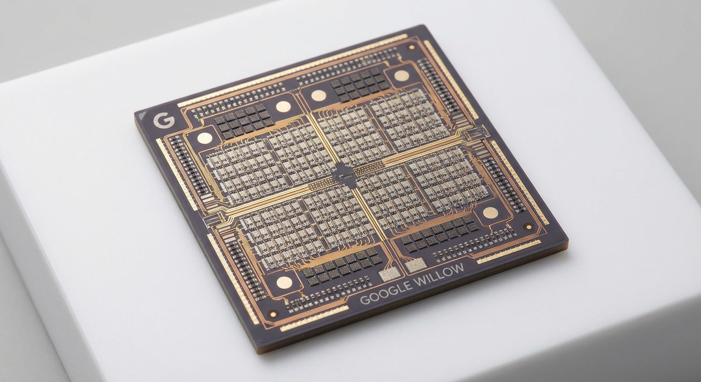 Photorealistic image of Google Willow quantum chip.