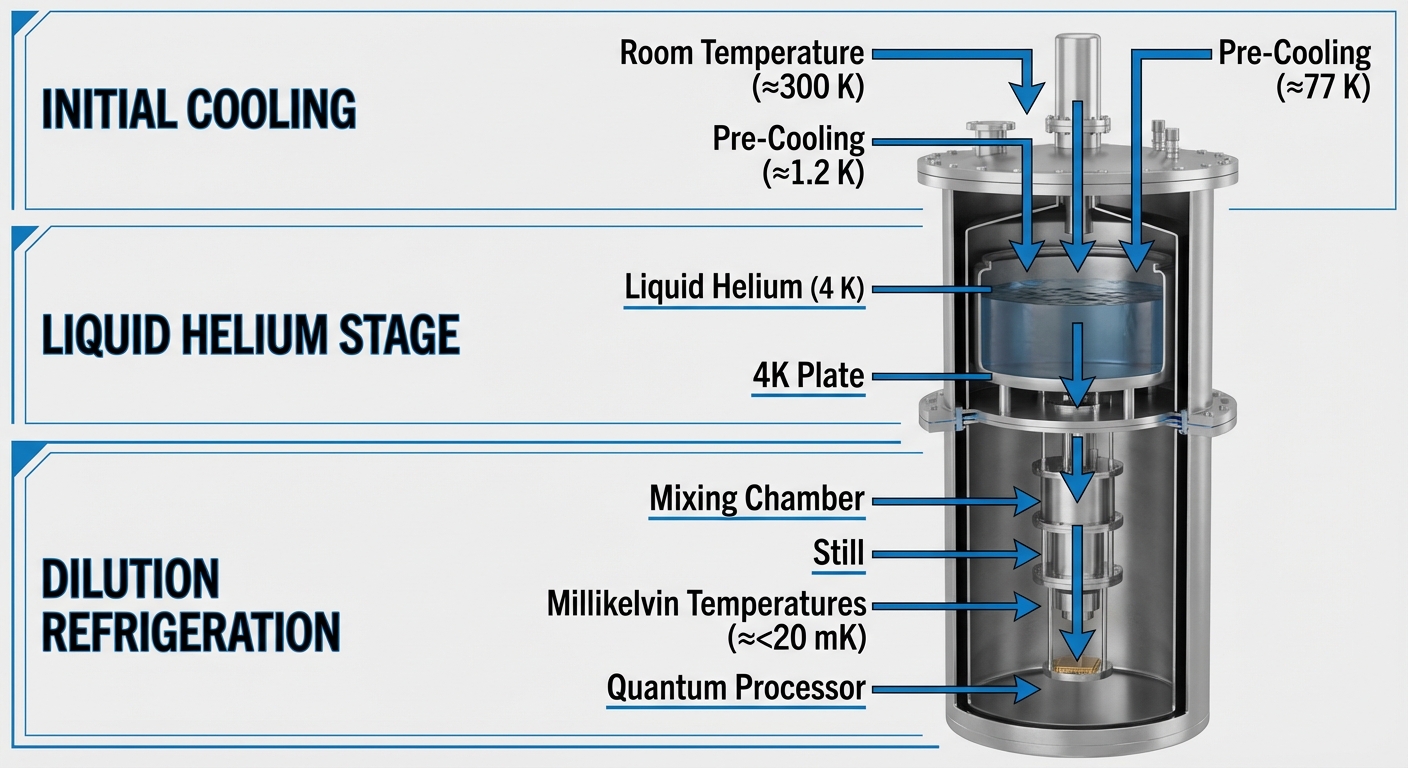 Technical diagram showing the cryostat cooling process with labeled stages