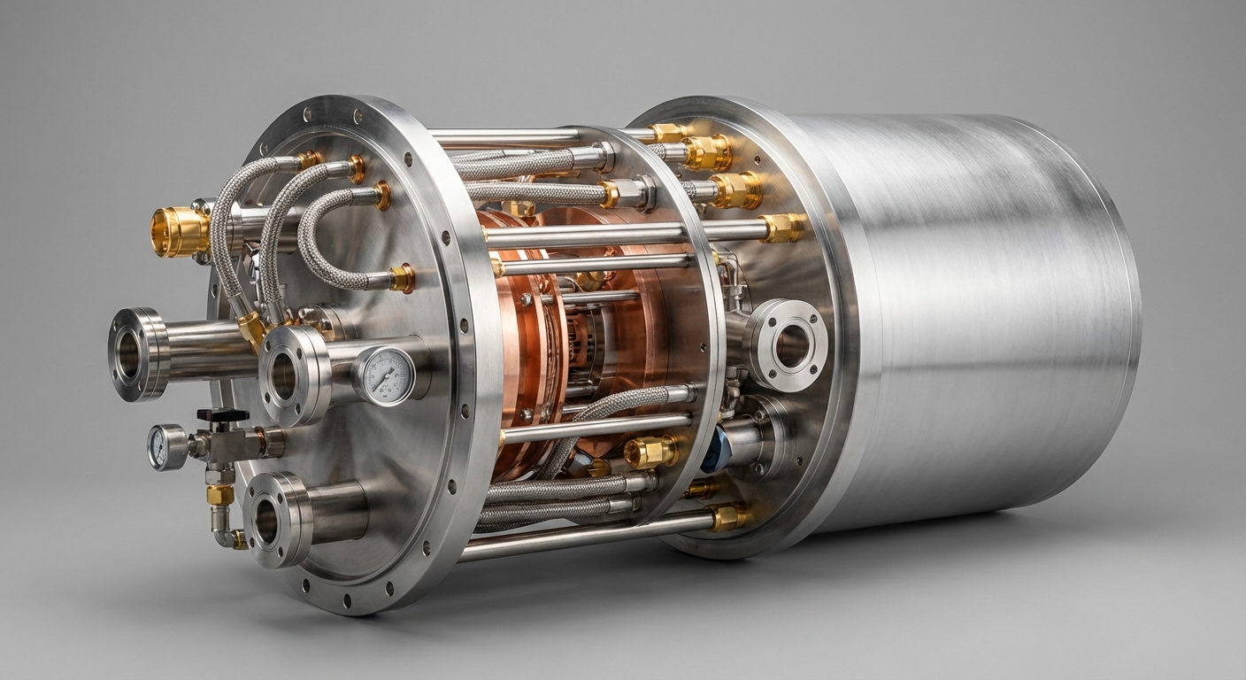 Photorealistic image of a modern cryostat used in quantum computing
