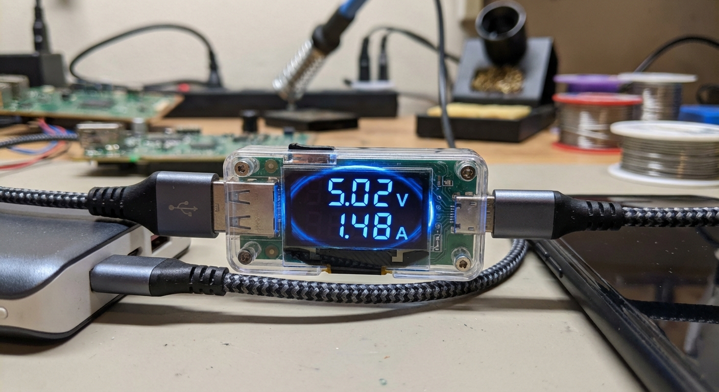 USB multimeter showing voltage and current readings