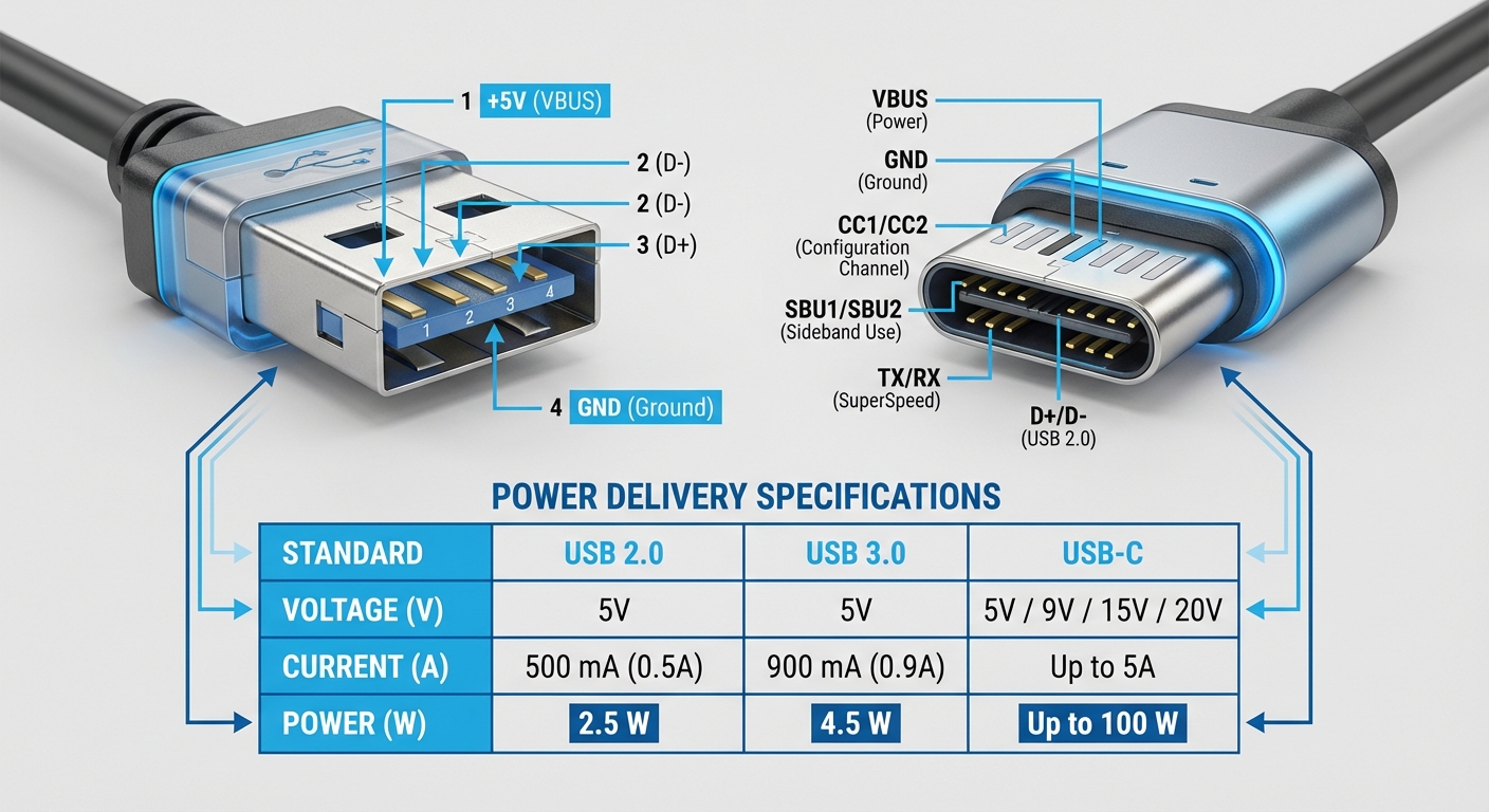 Diagram showing USB pinout and power specifications