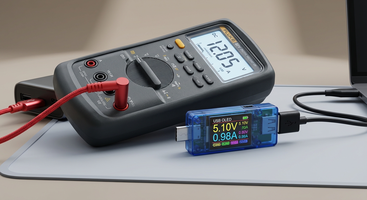 Photograph of a digital and USB multimeter for testing