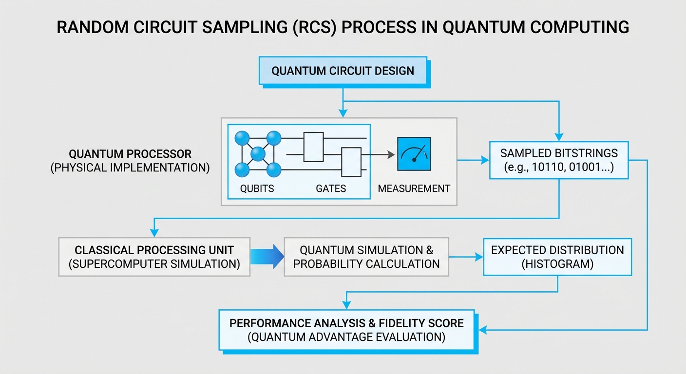Technical diagram illustrating Random Circuit Sampling in quantum computing