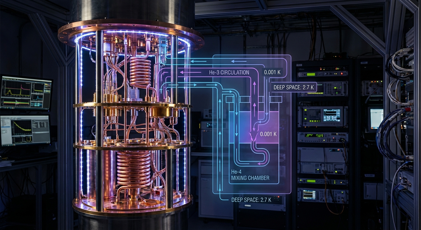 Visual representation of a dilution refrigerator's internal components