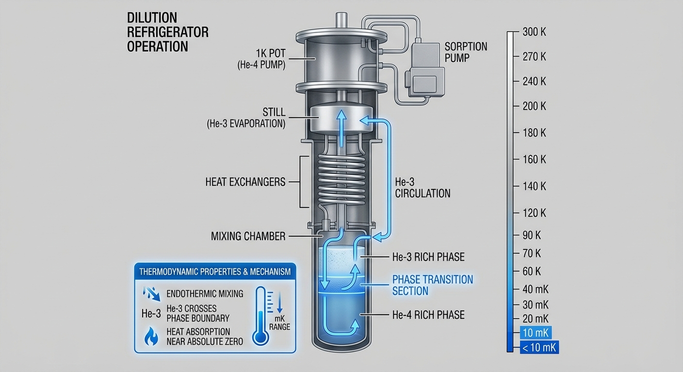 Technical diagram showing how a dilution refrigerator operates