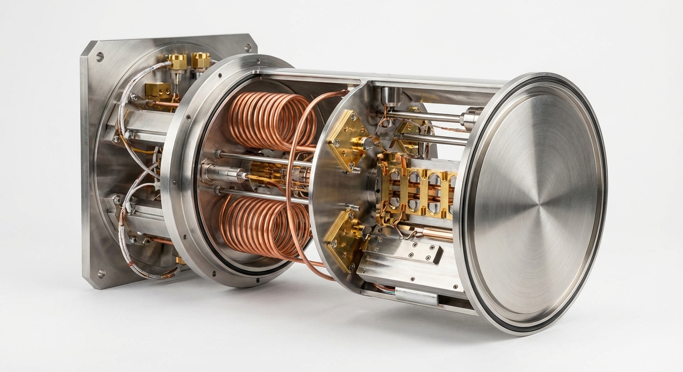 High-quality product photograph of a dilution refrigerator