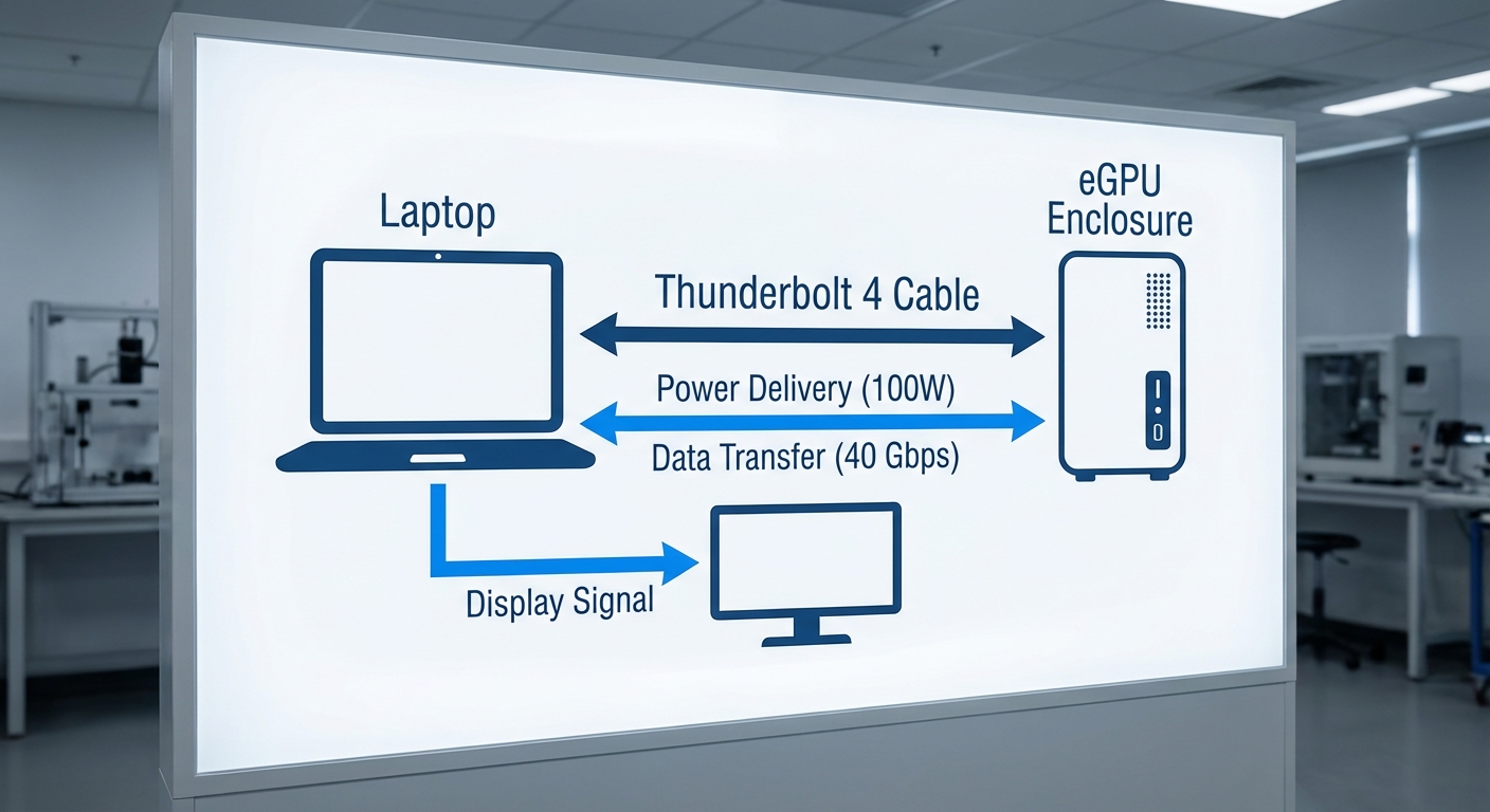Diagram of Thunderbolt 4 connection between laptop and eGPU with labeled functions