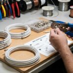 Close-up of BNC connectors and tools for crimping on a workspace.