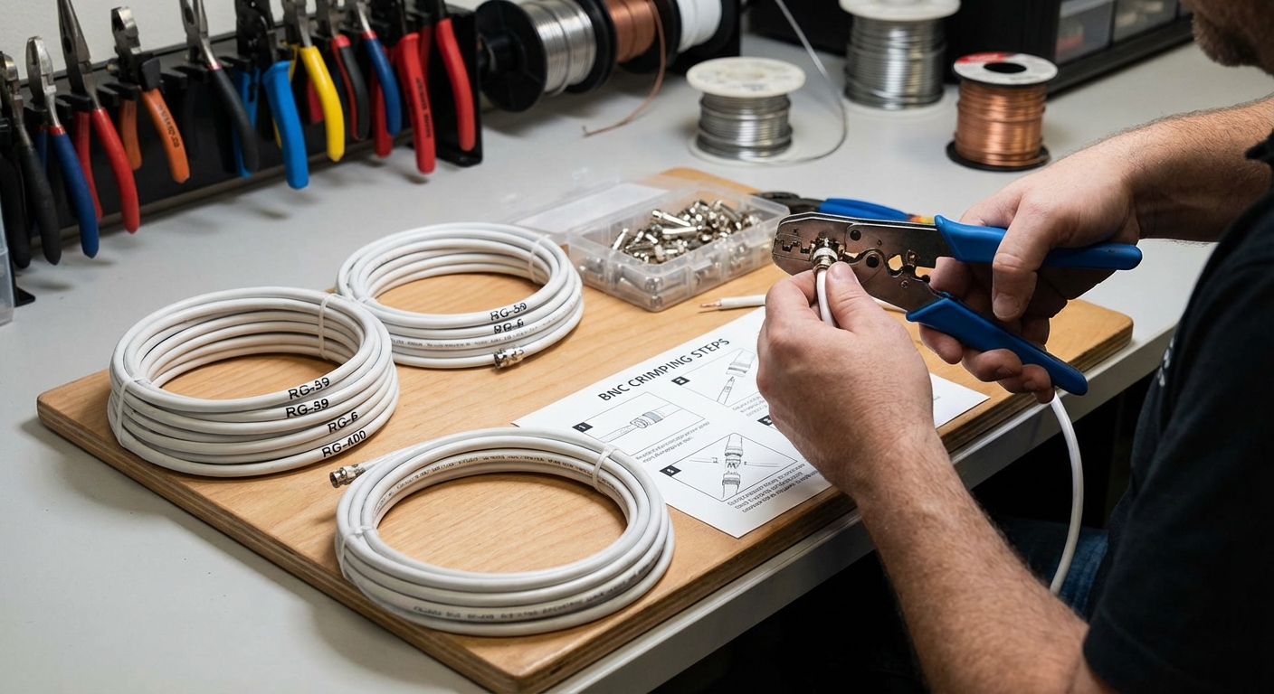 Close-up of BNC connectors and tools for crimping on a workspace.