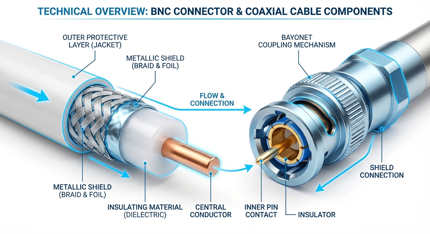 Educational diagram showing BNC connector and coaxial cable components