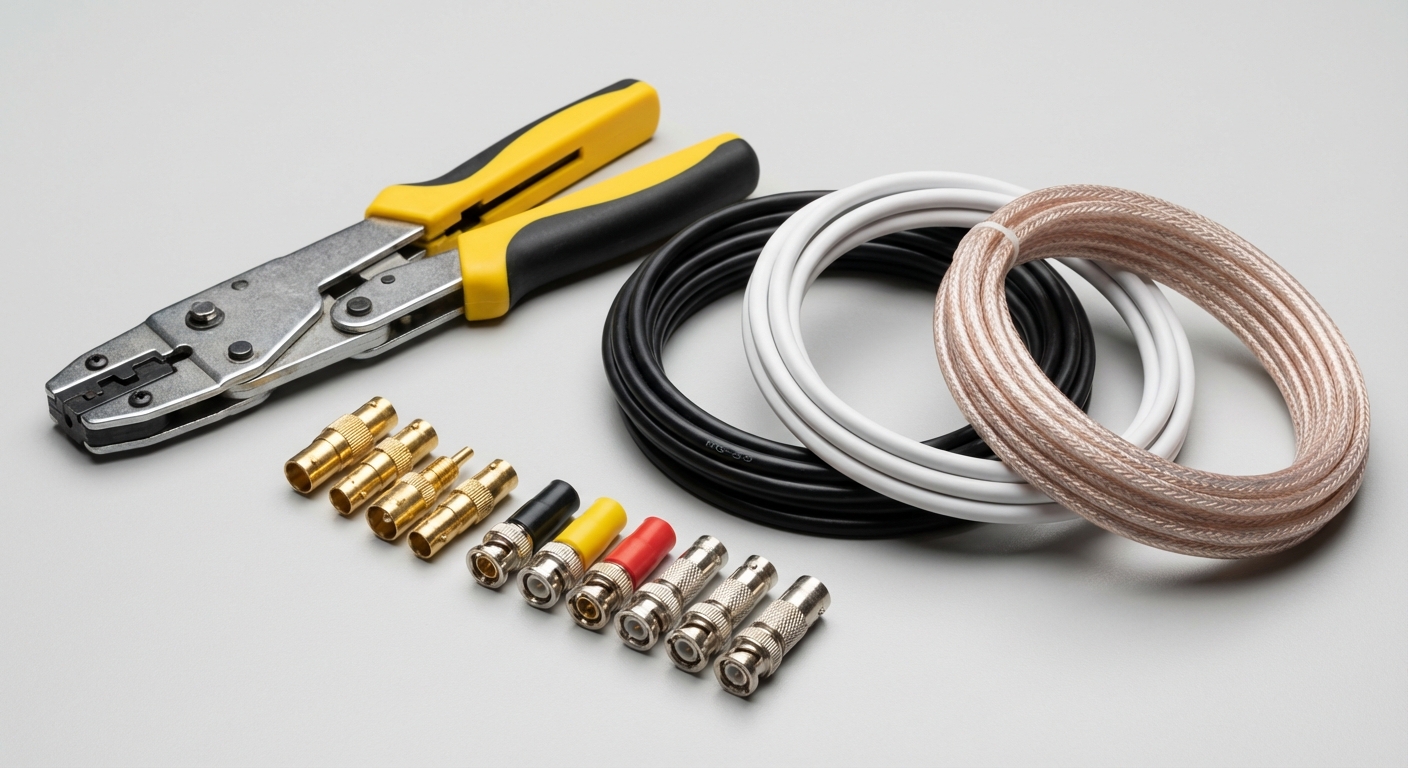 Photorealistic image of BNC crimping tool and coaxial cables
