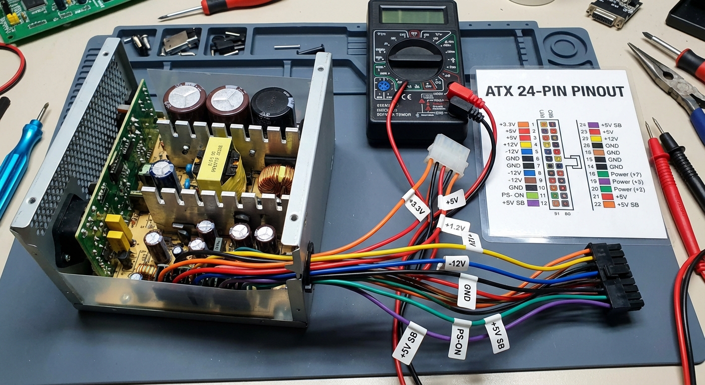 Illustration of a PC power supply and wire color codes