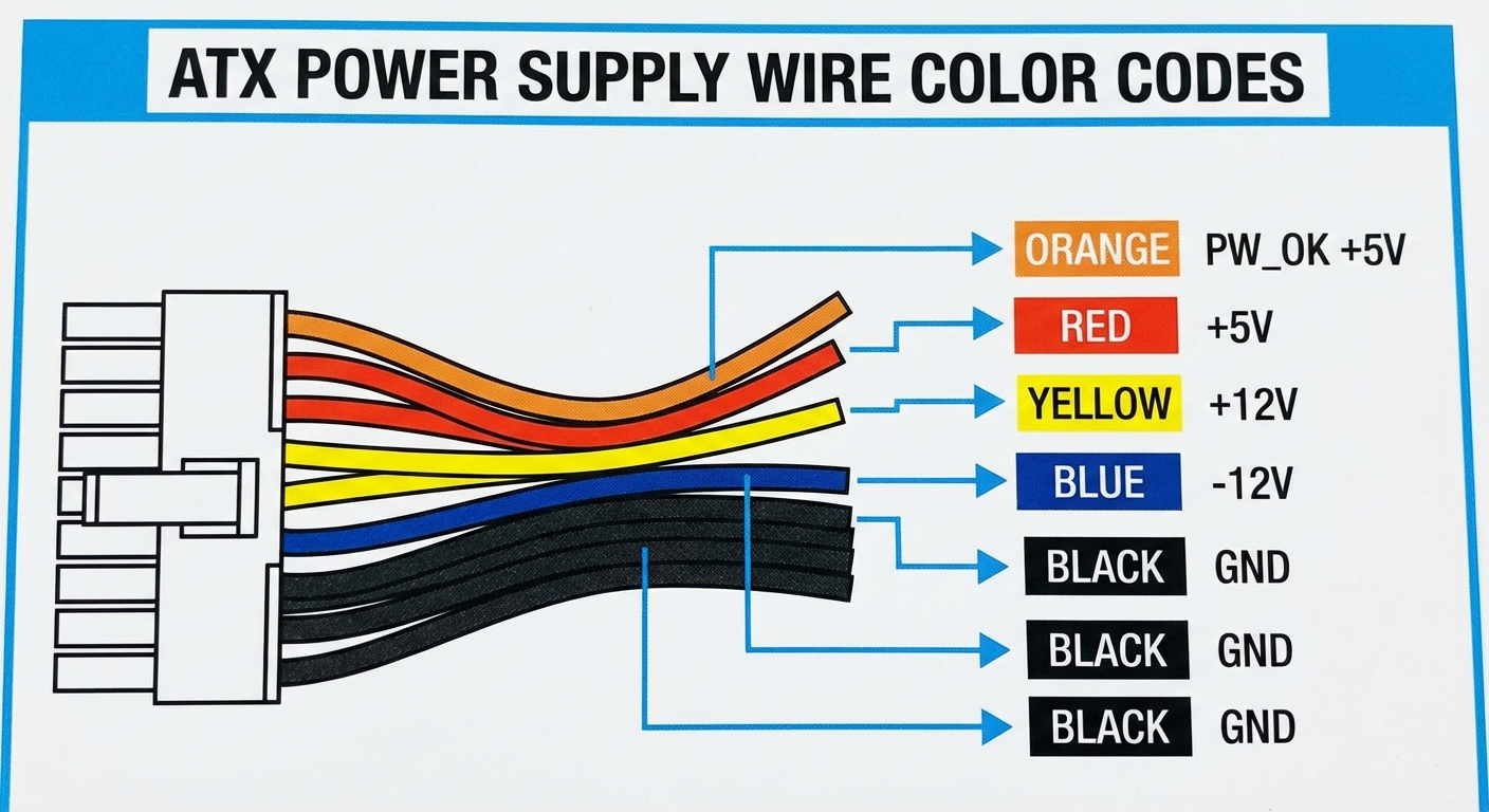 Diagram displaying ATX power supply wire color codes and their functions