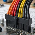 A detailed view of an ATX 24-pin connector with color-coded wires connected to a motherboard.