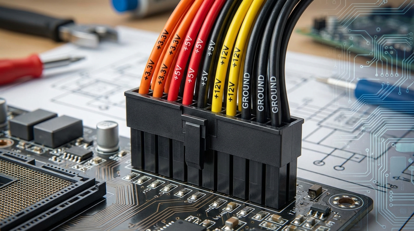 A detailed view of an ATX 24-pin connector with color-coded wires connected to a motherboard.