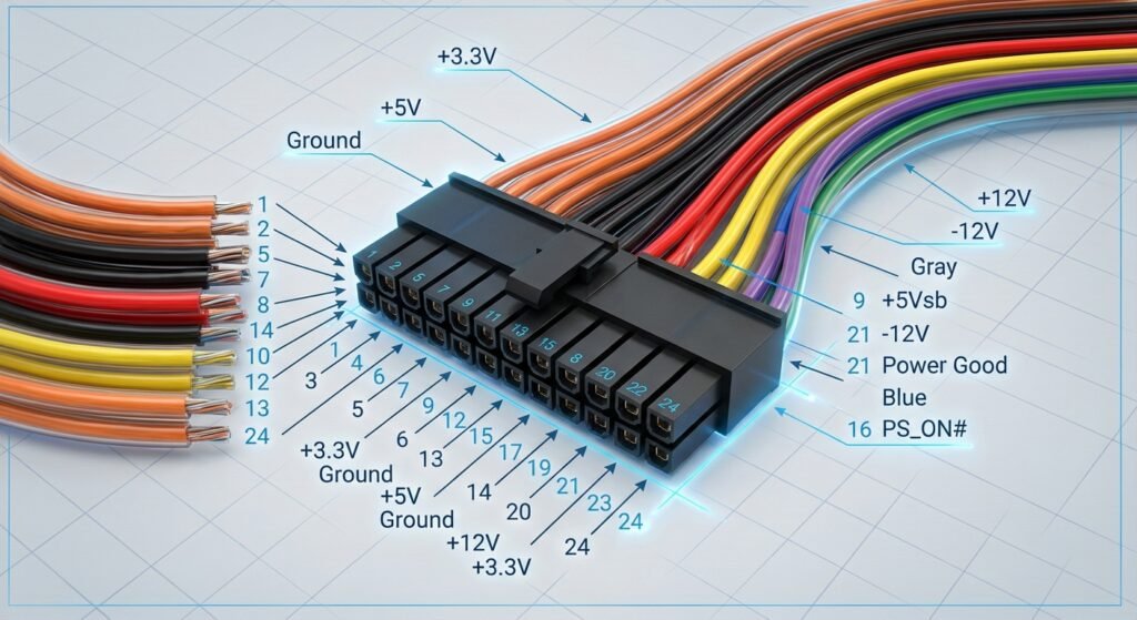 Standard ATX 24-pin connector color codes chart | Rotating USB Cable