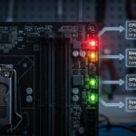 A close-up view of a motherboard displaying various LED diagnostic indicators in vibrant colors.
