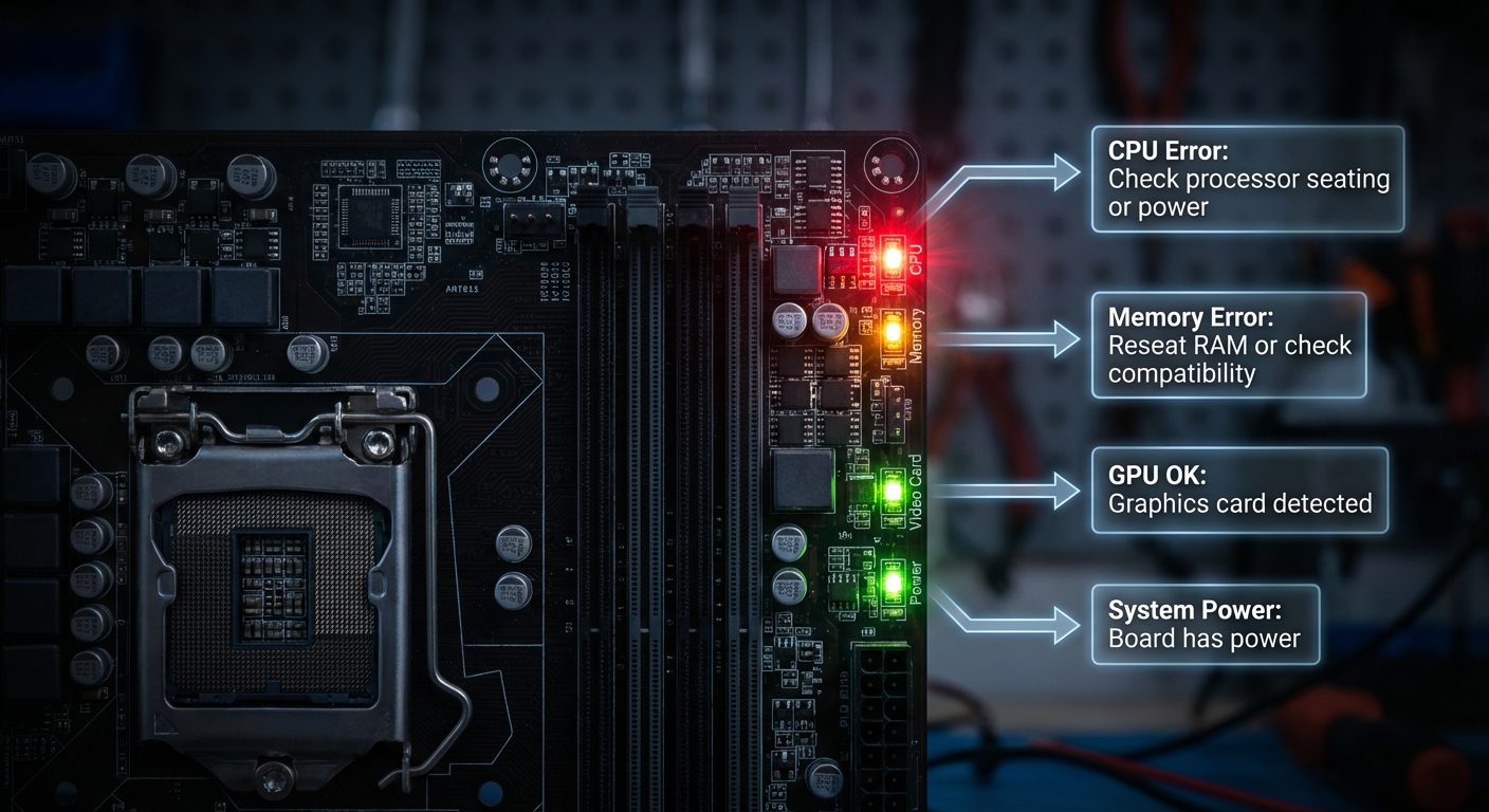 A close-up view of a motherboard displaying various LED diagnostic indicators in vibrant colors.