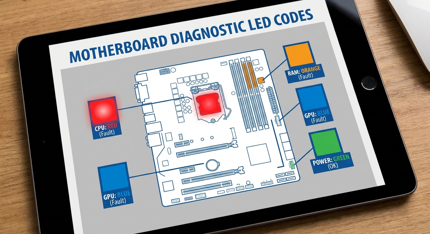 Diagram of motherboard diagnostic LED color codes and meanings.