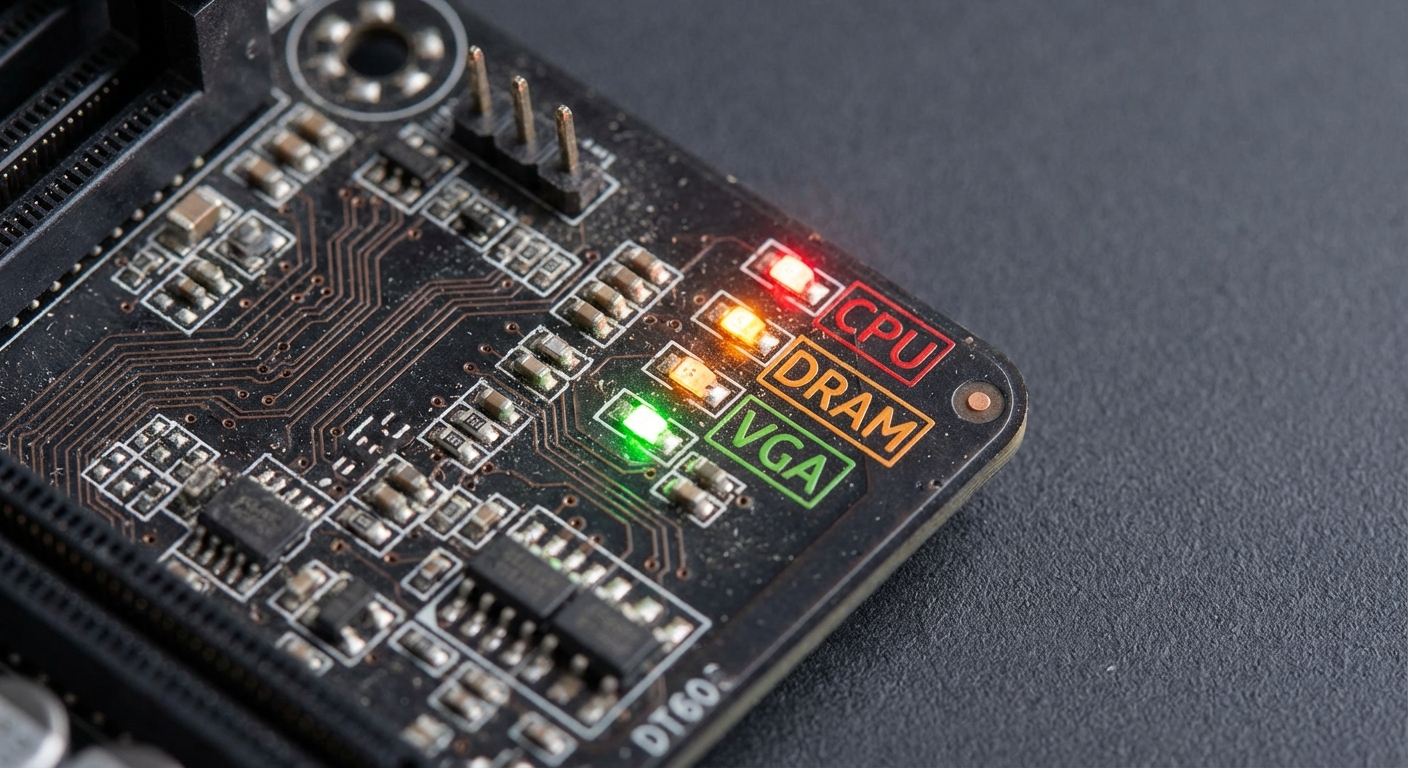 Close-up view of motherboard showing diagnostic LED indicators.