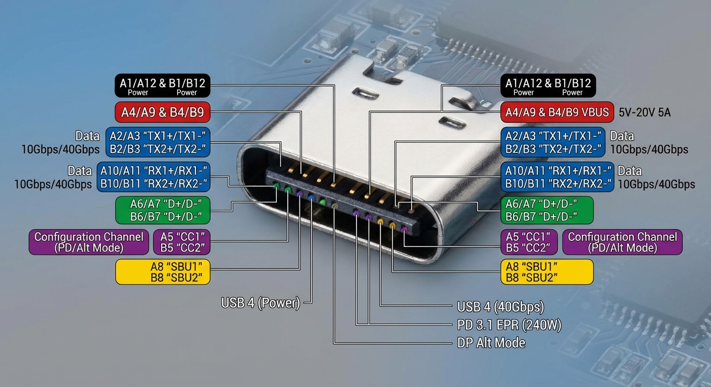 Diagram illustrating USB Type-C pinout configuration