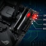 Illustration of ASUS motherboard with Q-LED indicators and color codes.
