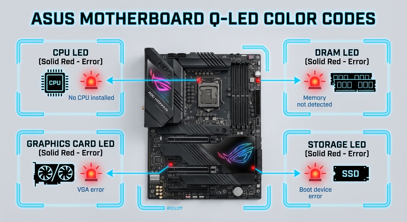 Diagram of ASUS motherboard Q-LED color codes for diagnostics