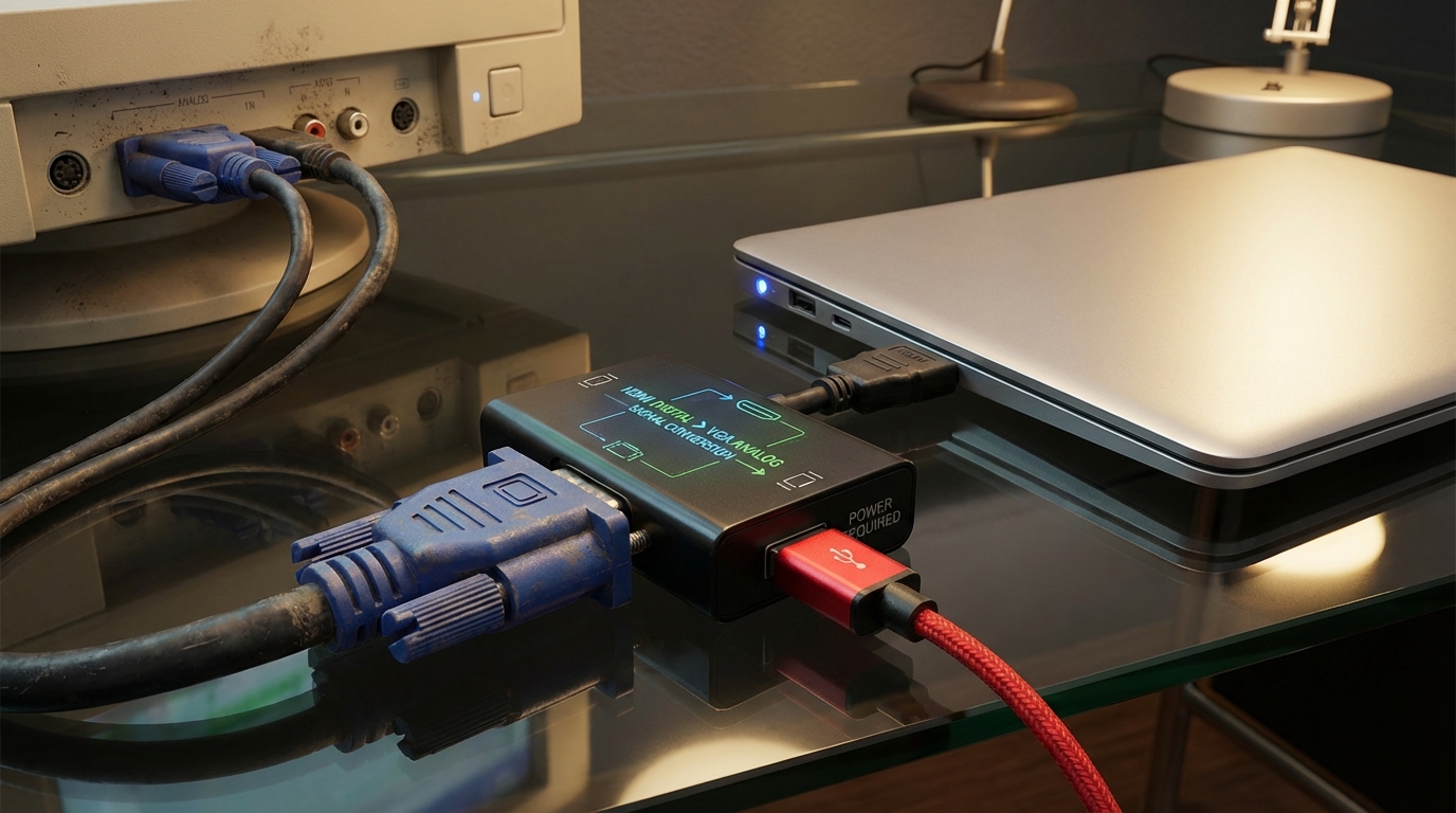 HDMI to VGA adapter connected to a laptop and VGA monitor with a USB power feed