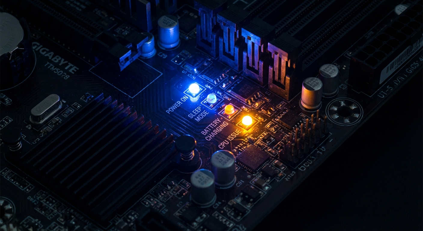 Close-up of a Gigabyte motherboard with illuminated status lights