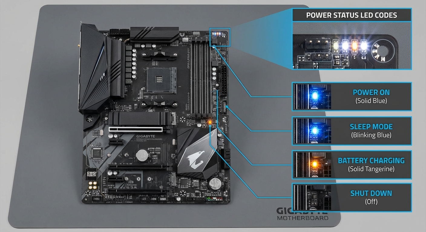 Diagram showing Power Status LED codes on Gigabyte motherboard