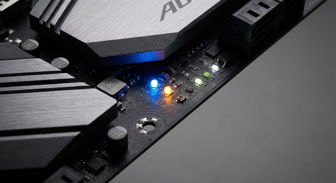 Macro photography of a Gigabyte motherboard with illuminated status lights