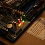 Close-up view of a computer motherboard with LED indicators and beep codes