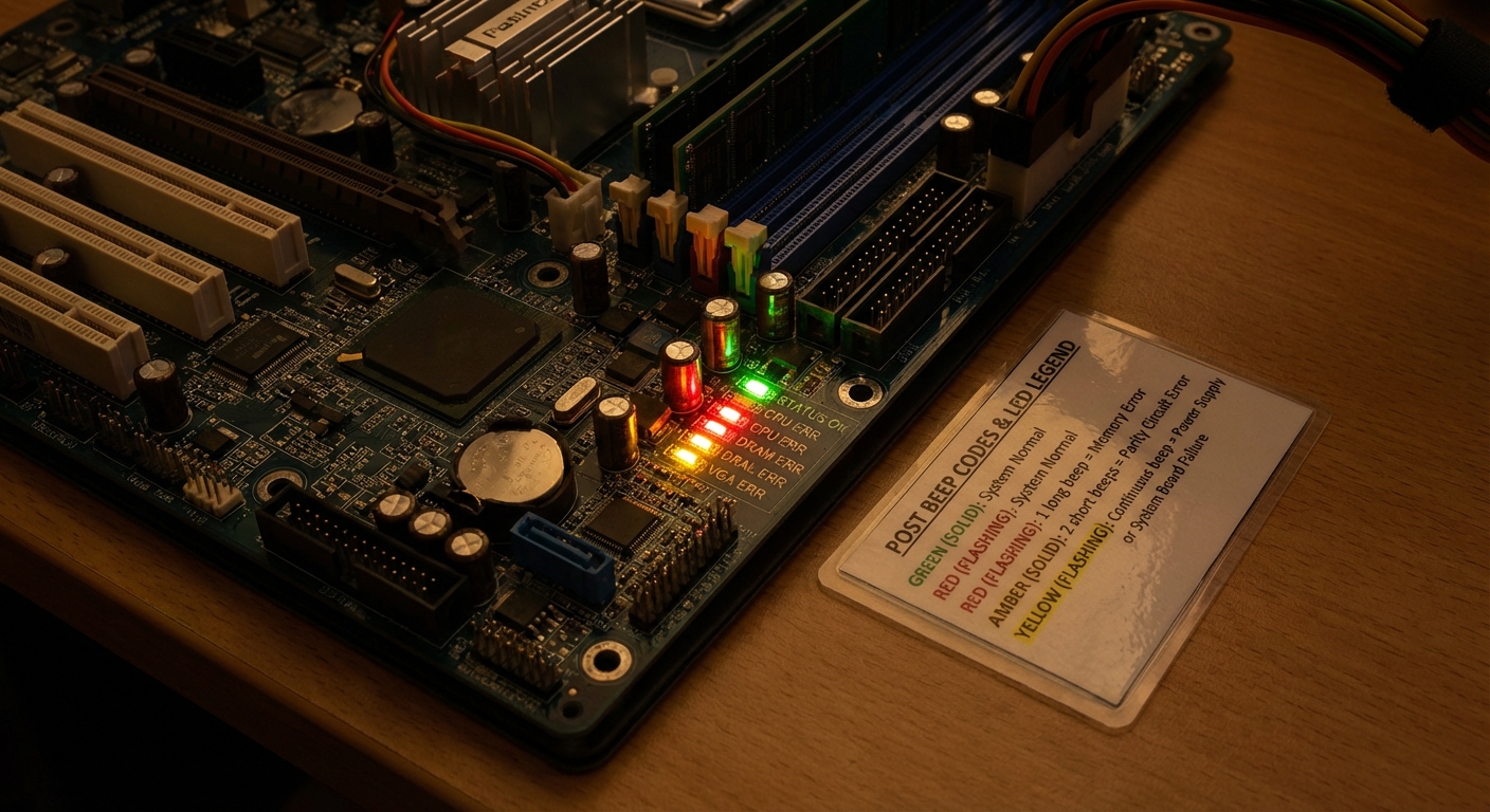 Close-up view of a computer motherboard with LED indicators and beep codes