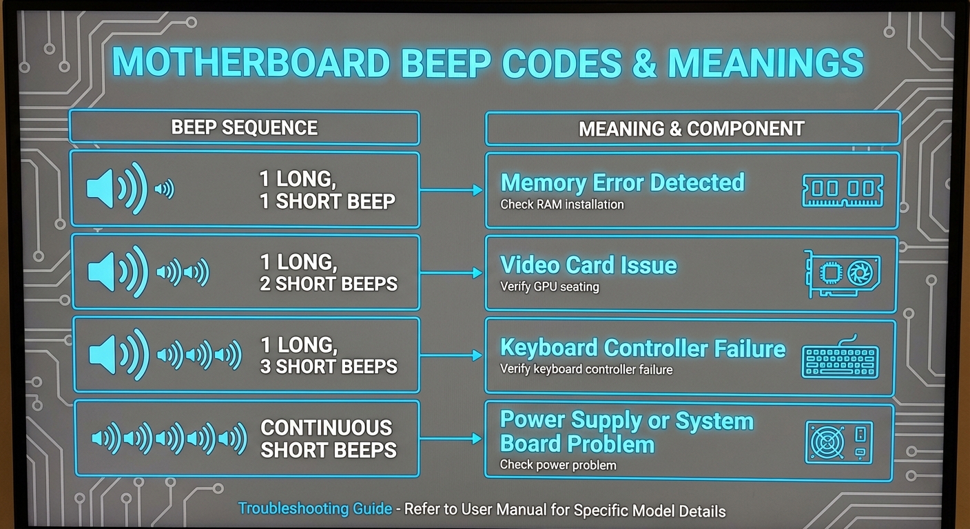 Labeled diagram showing various motherboard beep codes with meanings