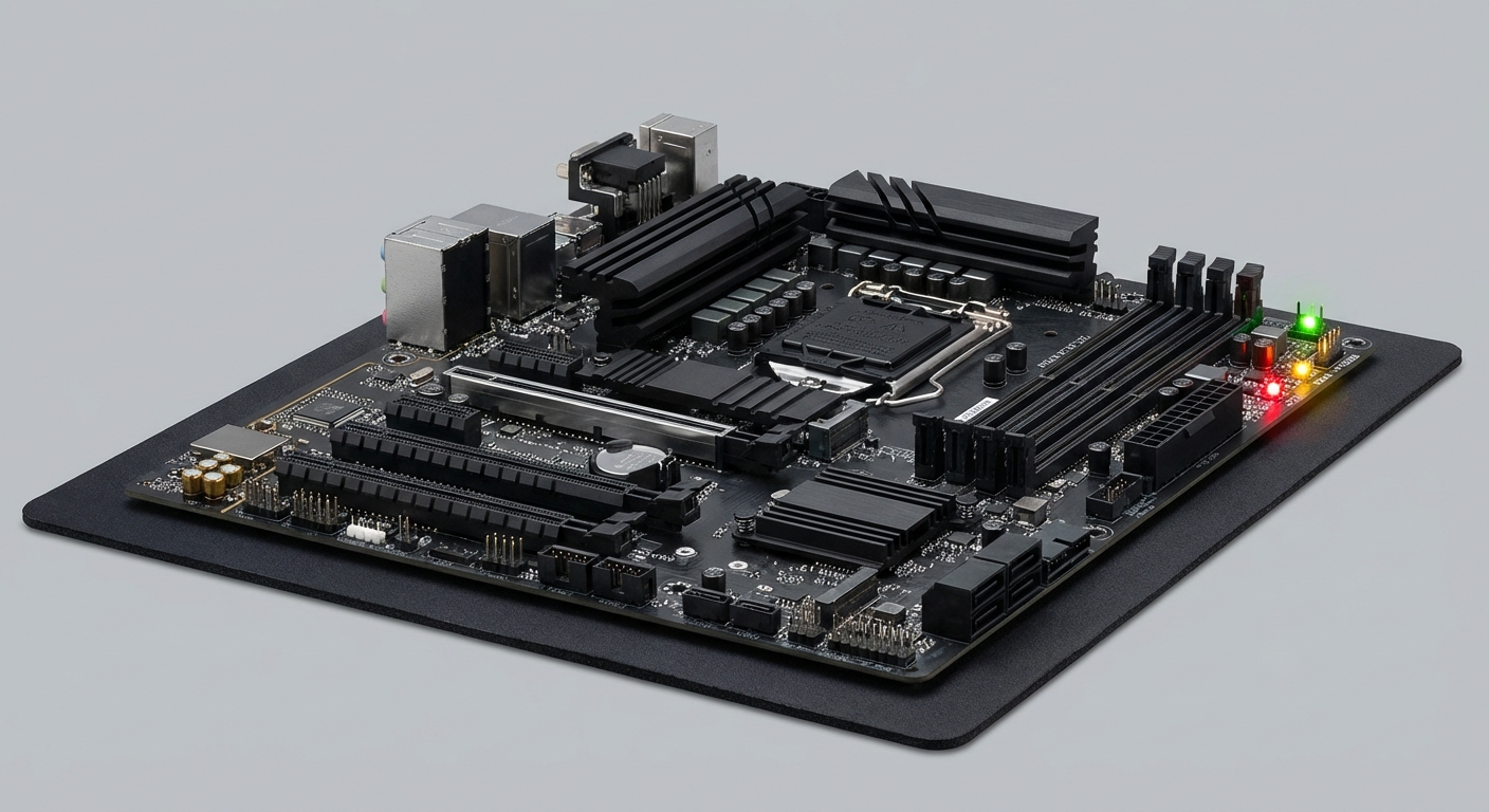 Photorealistic image of a computer motherboard with LED light indicators