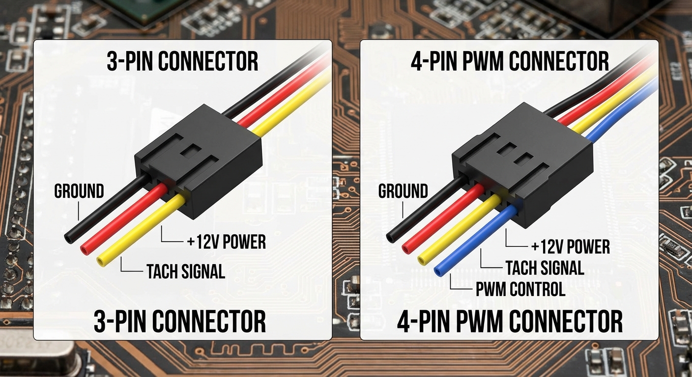 Diagram of 3-pin and 4-pin PC fan wire color codes